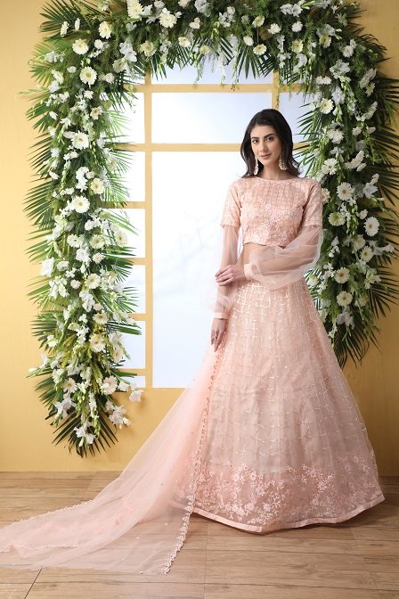 Peach net thread embroidered wedding lehenga choli