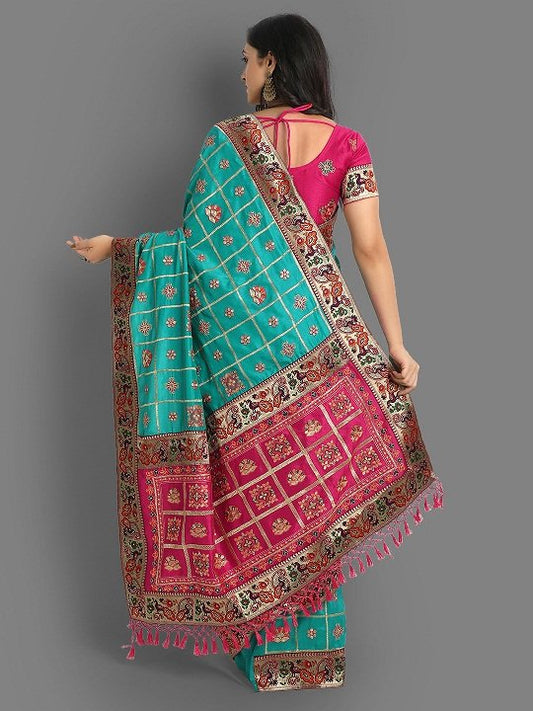 Rama Cobalt Blue And Pink Beautiful Designer Panetar Silk Saree