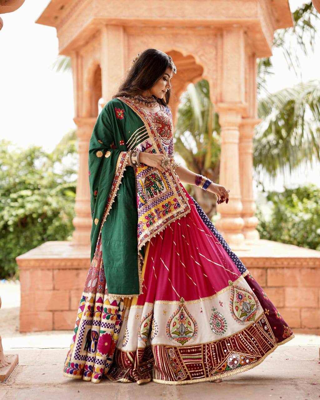 Multicolor Digital Print Real Mirror Work Navratri Lehenga Choli