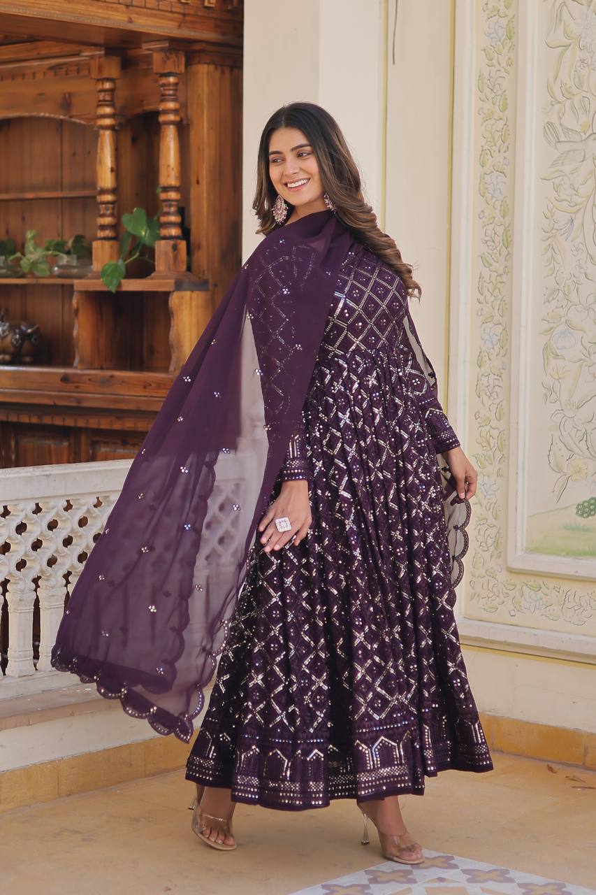 Wine Colour Faux Blooming With Sequins Embroidered Work Gown With Dupatta