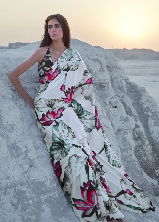 Daisy White Color Polka Dot Pure Sattin Crepe Saree And Digital Print Blouse