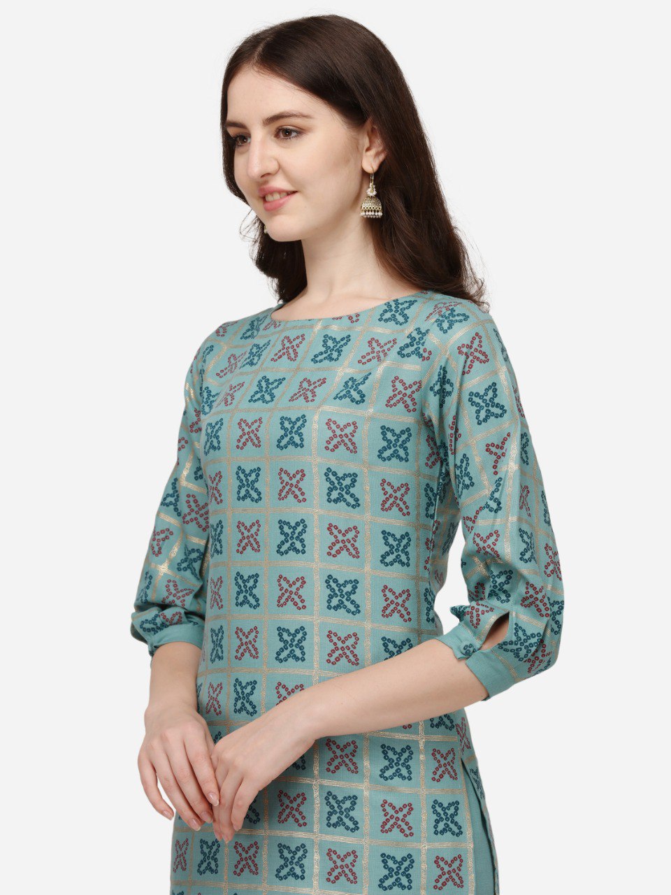 Off Green Cotton Bandhani Prints With Gathered Sleeve Kurti Pant