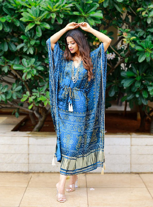 Navy Blue Color Digital Bandhej Printed Pure Gaji Silk Kaftan Gown