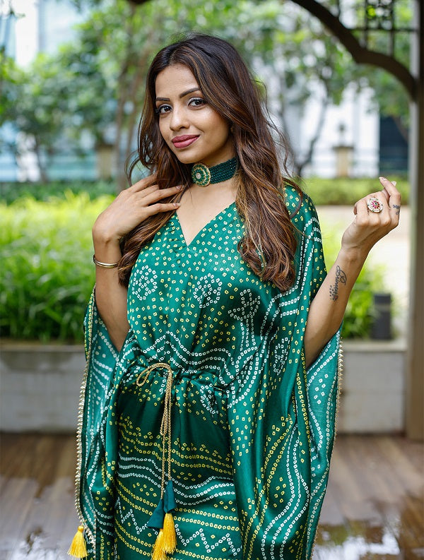 Green Color Digital Bandhej Print Pure Gaji Silk Kaftan Gown