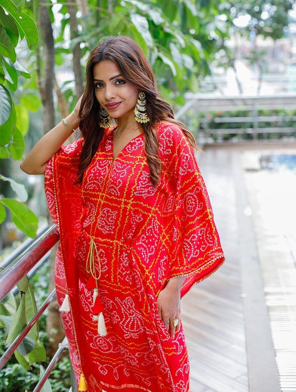 Red Color Digital Bandhej Print Pure Gaji Silk Kaftan Gown