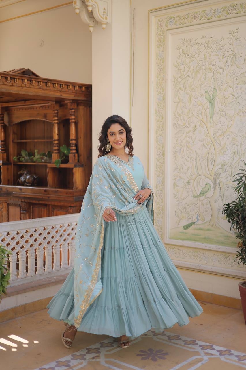 Sky Blue Unique Coloured Faux Georgette With Embroidered Work Gown With Dupatta