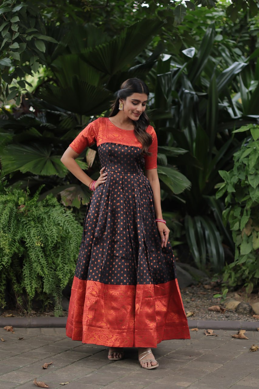 Black Banarasi Jacquard Silk With Texture Designer Weaving Design Gown