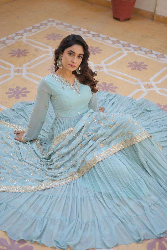 Sky Blue Unique Coloured Faux Georgette With Embroidered Work Gown With Dupatta