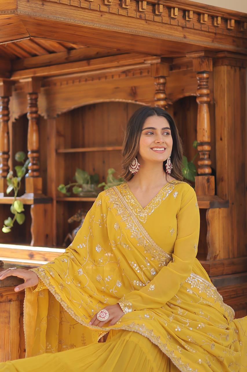 Yellow Unique Coloured Faux Georgette With Embroidered Work Gown With Dupatta