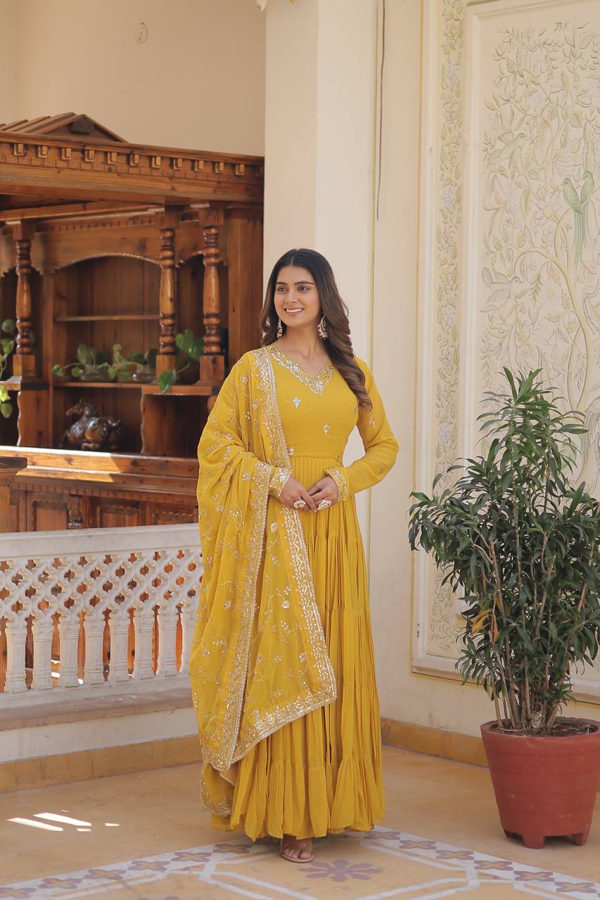 Yellow Unique Coloured Faux Georgette With Embroidered Work Gown With Dupatta
