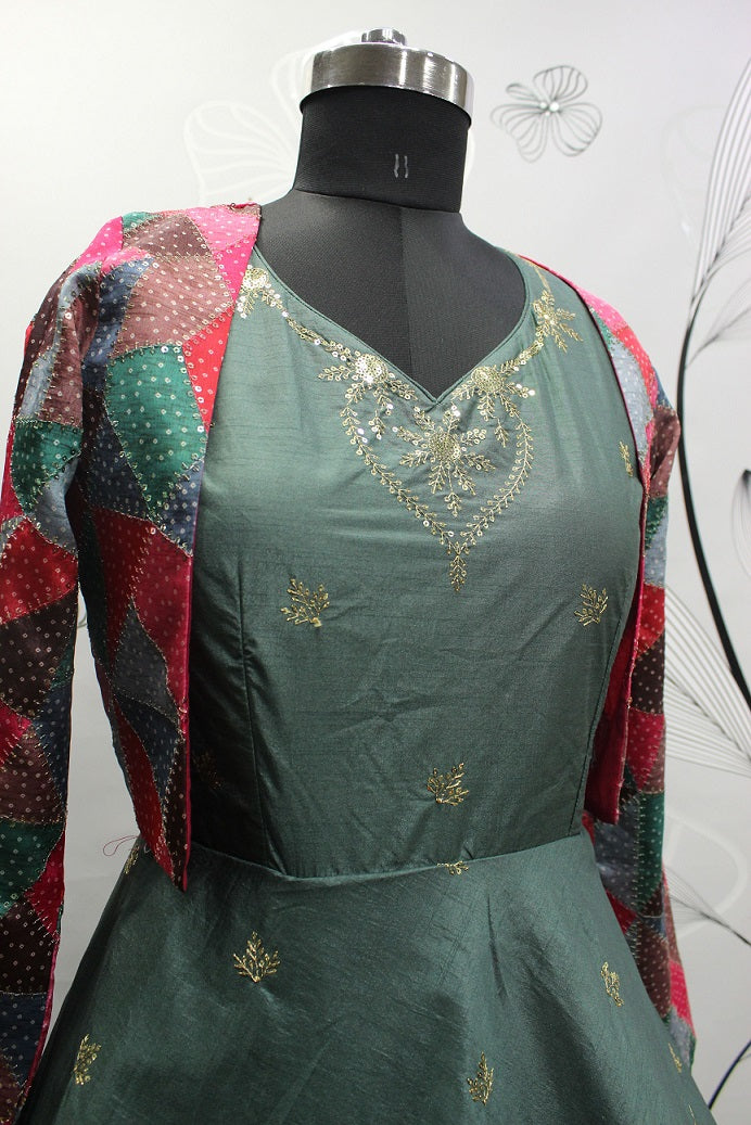 Grey Sequence Embroidered Pure Cotton Gown With Koti