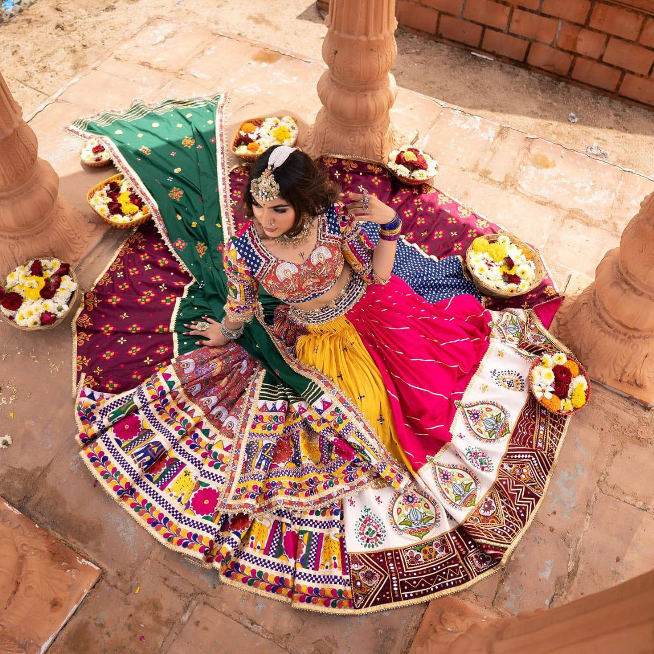 Multicolor Digital Print Real Mirror Work Navratri Lehenga Choli