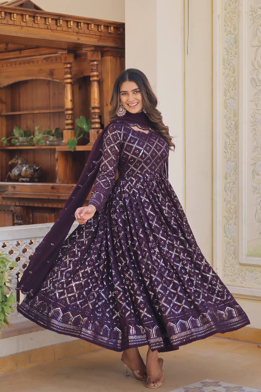 Wine Colour Faux Blooming With Sequins Embroidered Work Gown With Dupatta