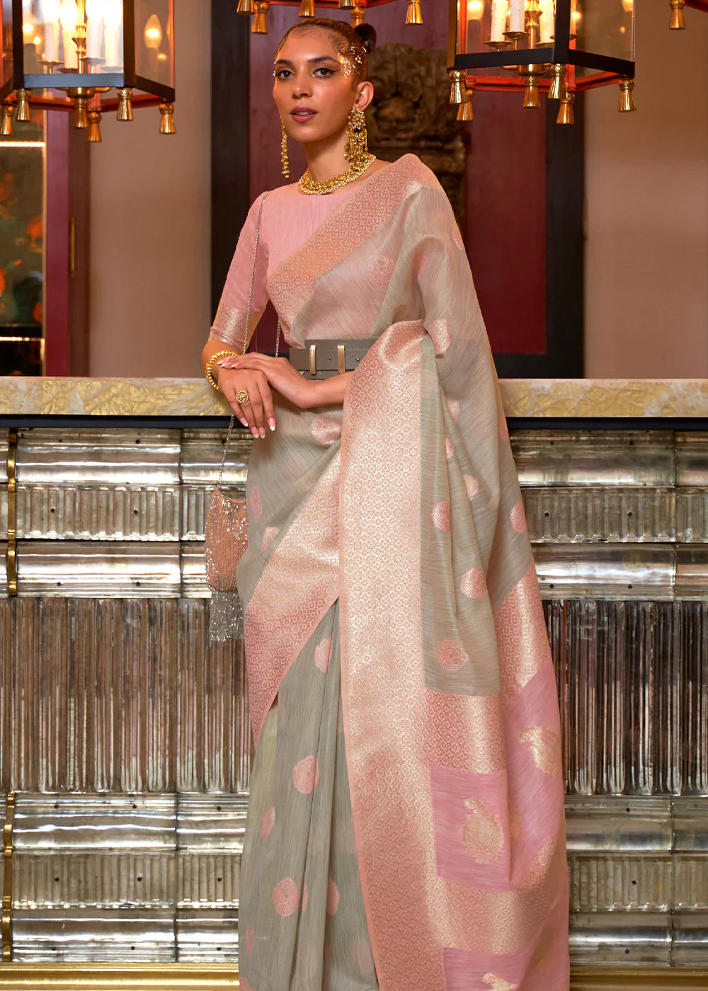 Peach Fancy Linen Weaving Saree