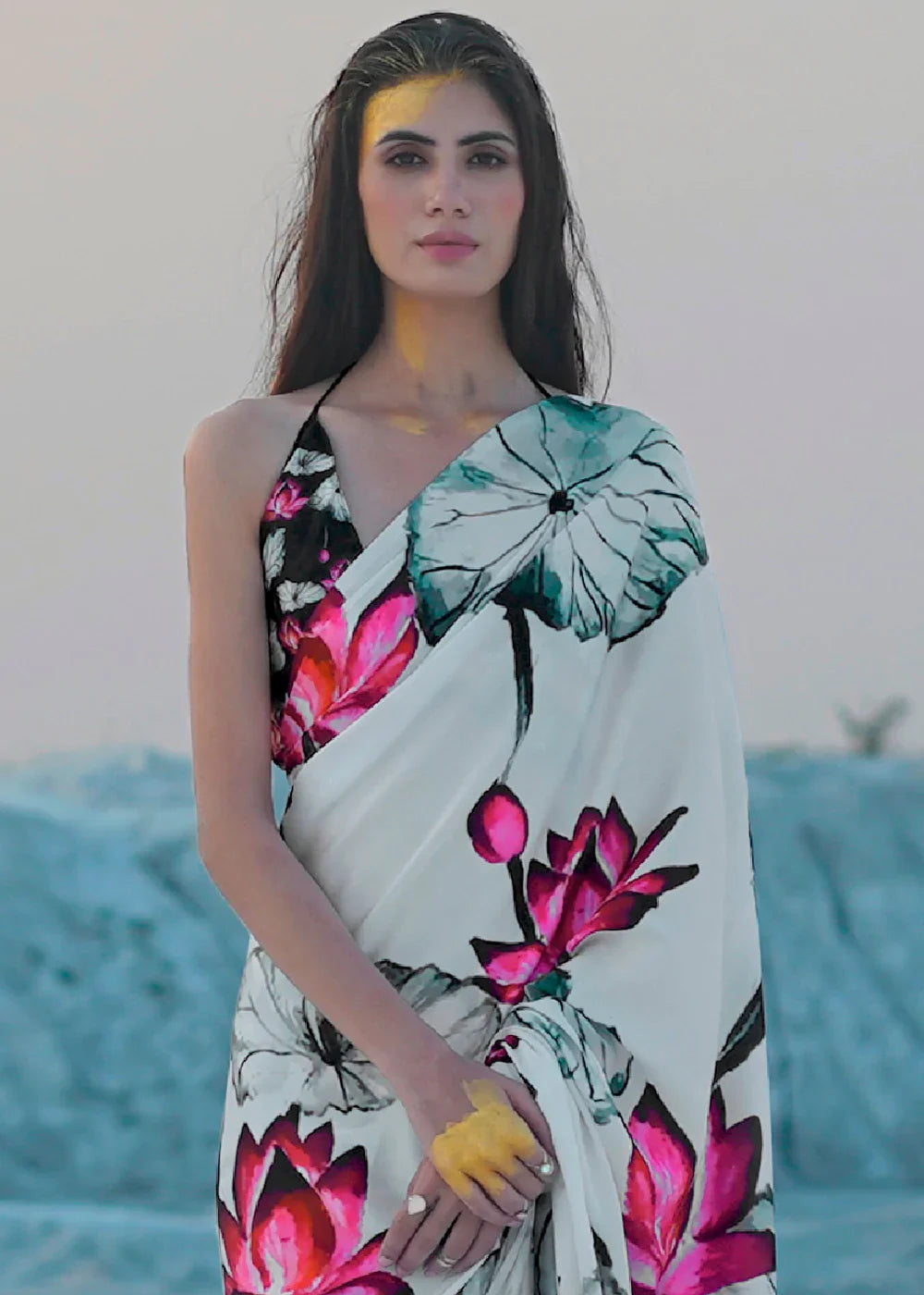 Daisy White Color Polka Dot Pure Sattin Crepe Saree And Digital Print Blouse