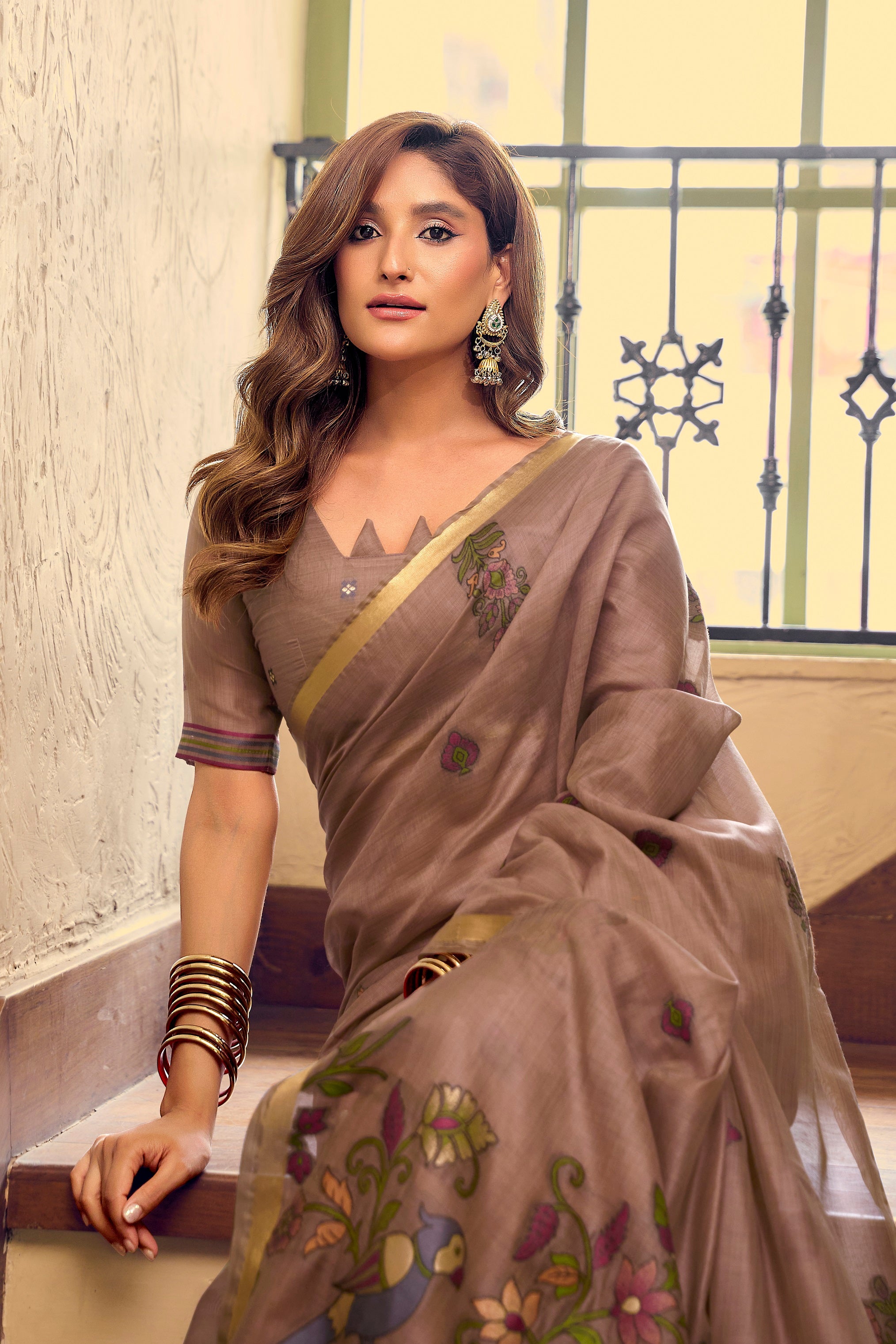 Earthy Brown Kolkata Cotton Saree with Litchi Work & Fancy Tassels