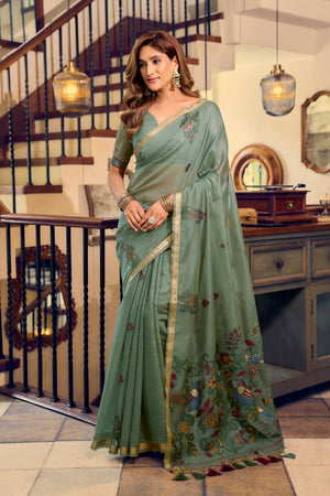 Pista Green Kolkata Cotton Saree featuring colorful floral litchi work and designer tassels by The Beauty Queen Surat.