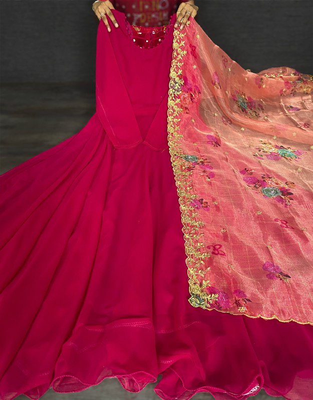 Royal Pink Blooming Georgette Plain Work Gown With Dupatta