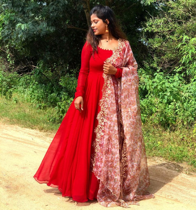 plain georgette maxi dress Georgette Long Sleeve Puff V-Neck Plain Tall Dress ElinaFashion.com