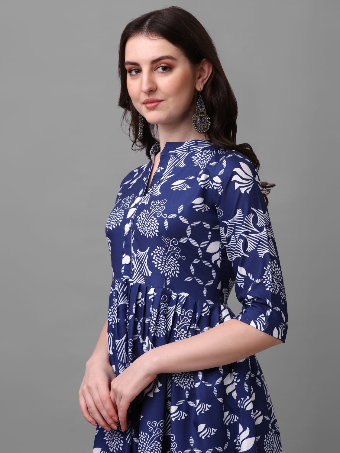 ROYAL BLUE EXCLUSIVE RAYON ABSTRACT PLEATED KURTA WITH PANT