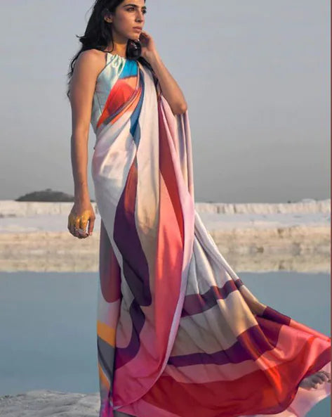 Silver Multy Design Pure Sattin Crepe Saree And Digital Print Blouse