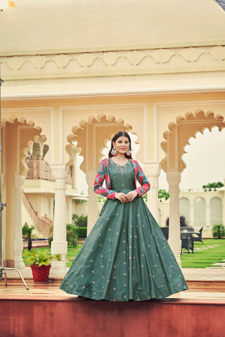 Grey Sequence Embroidered Pure Cotton Gown With Koti