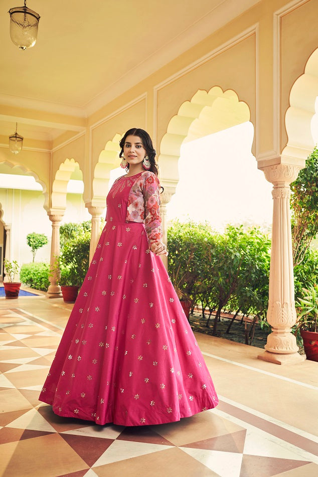 Pink Sequence Embroidered Pure Cotton Gown With Koti