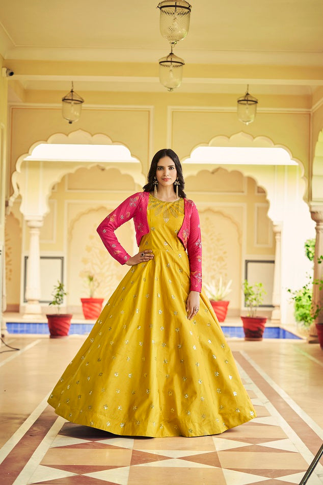 Lemon Green Sequence Embroidered Pure Cotton Gown With Koti