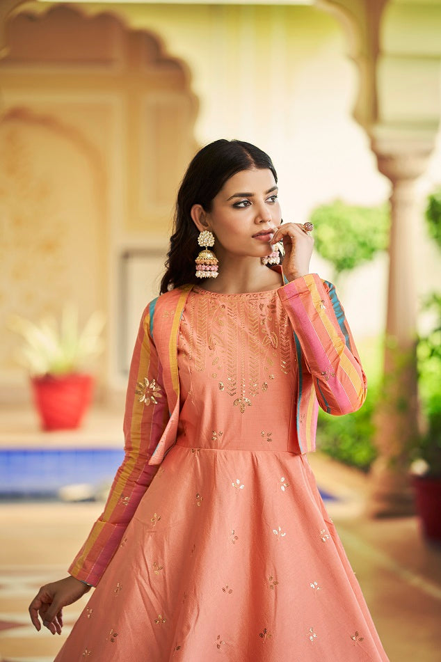Peach Sequence Embroidered Pure Cotton Gown With Koti