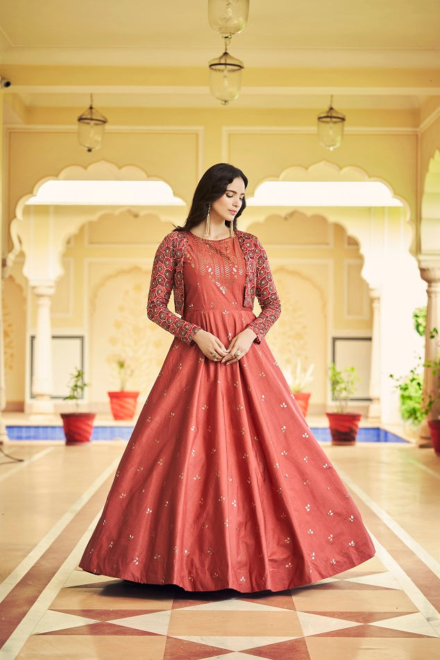 Rust Sequence Embroidered Pure Cotton Gown With Koti