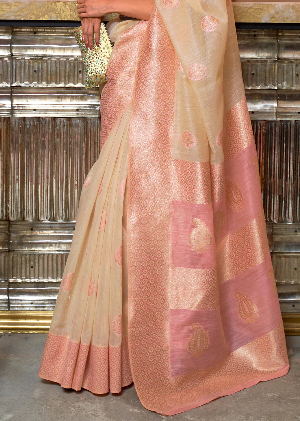 Baby Pink Fancy Linen Weaving Saree