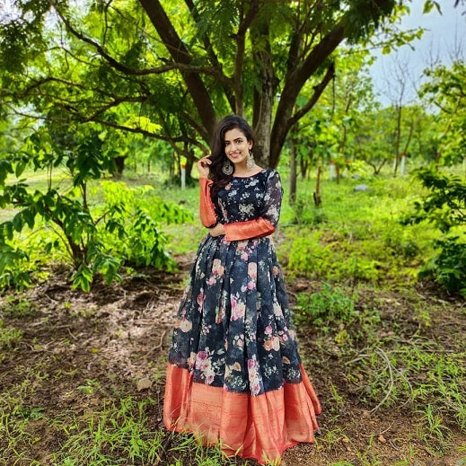 Black Colour Soft Cotton Weaving Design Gown
