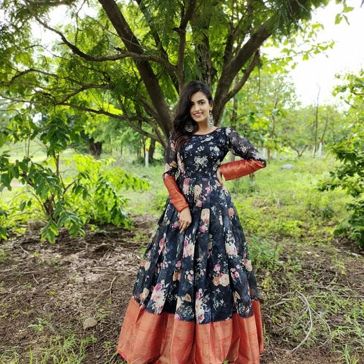 Black Colour Soft Cotton Weaving Design Gown