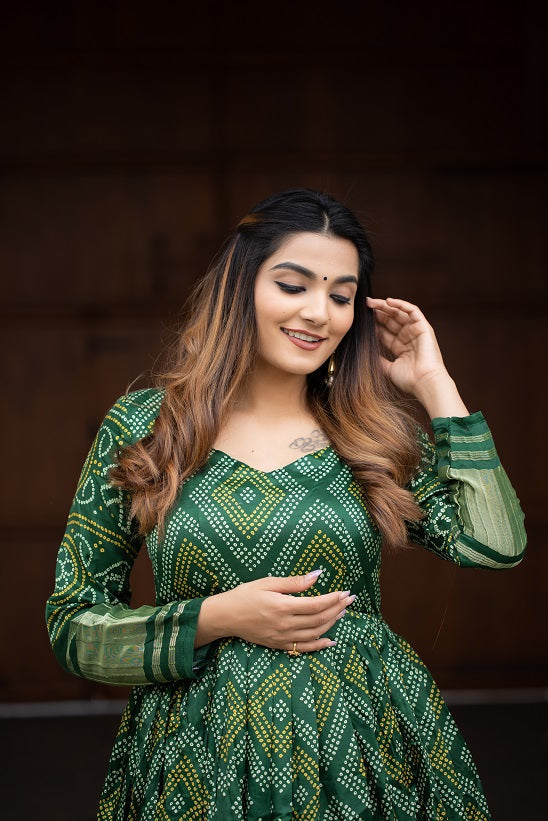 Green Color Digital Bandhej Printed Pure Gaji Silk Gown