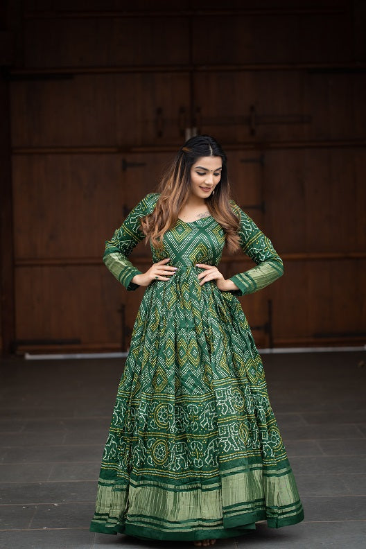 Green Color Digital Bandhej Printed Pure Gaji Silk Gown