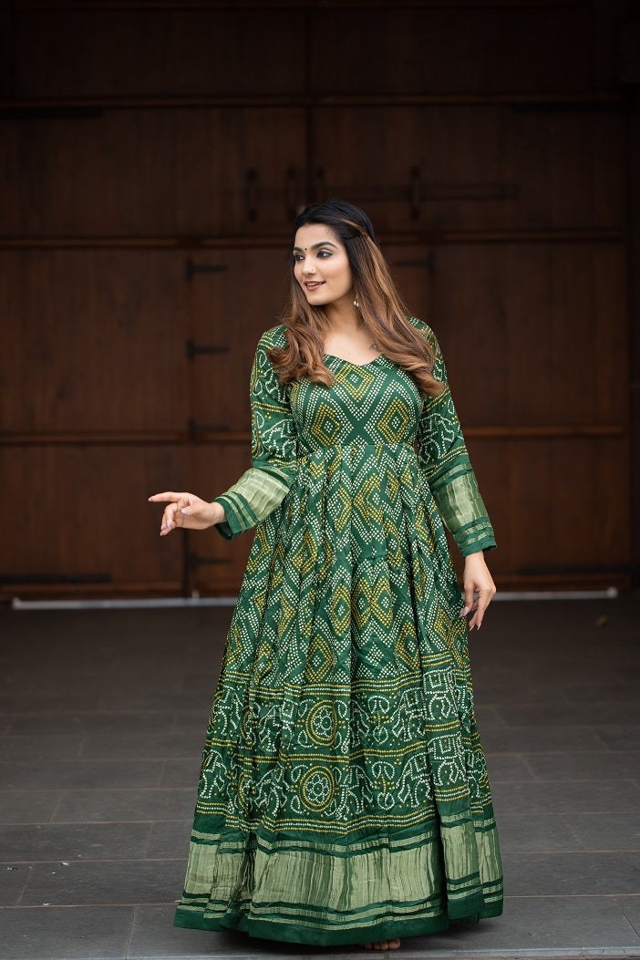 Green Color Digital Bandhej Printed Pure Gaji Silk Gown