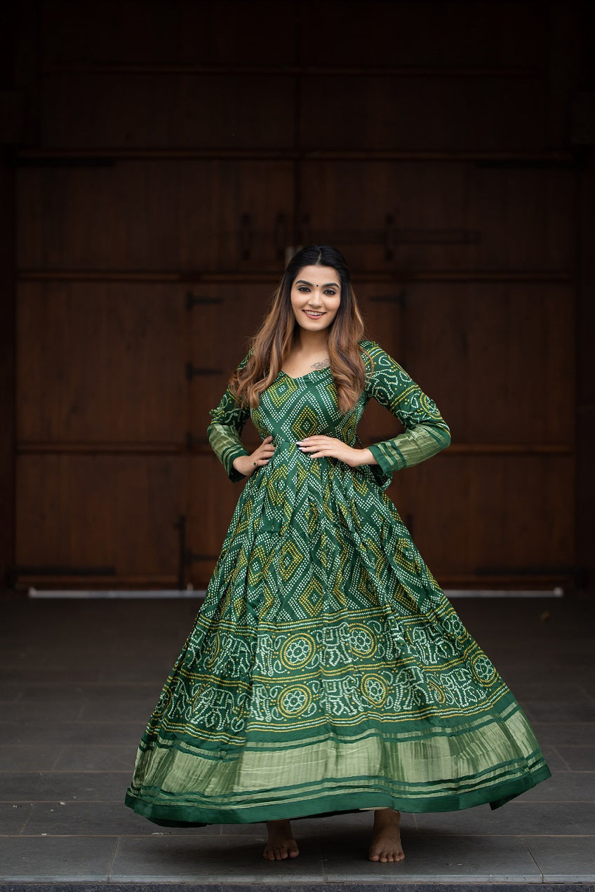 Green Color Digital Bandhej Printed Pure Gaji Silk Gown
