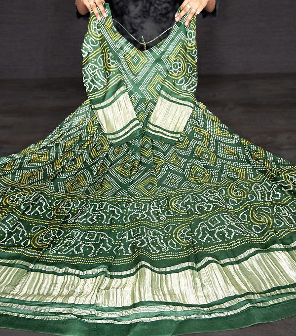 Green Color Digital Bandhej Printed Pure Gaji Silk Gown