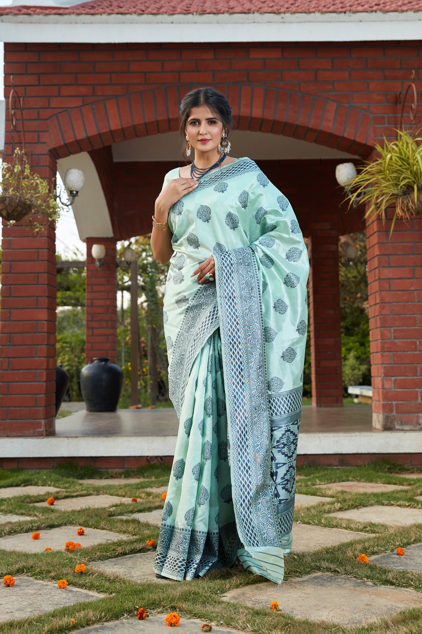 Party Wear Turquoise Blue Banarasi Weaving Silk Saree