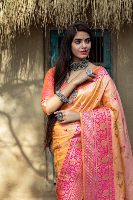 Light Orange Banarasi Weaving Silk Exclusive Saree