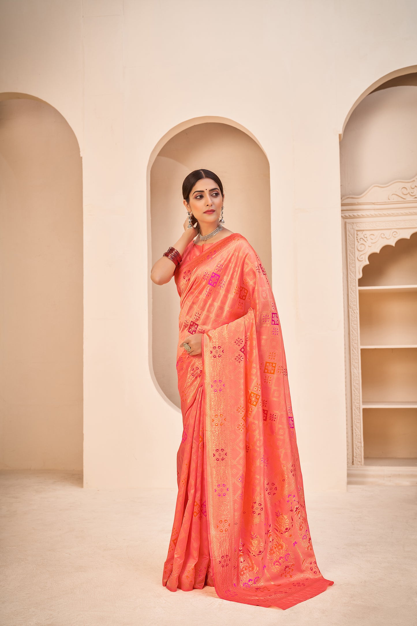 Peach Color Banarasi Silk With Patola Weaving Silk Saree