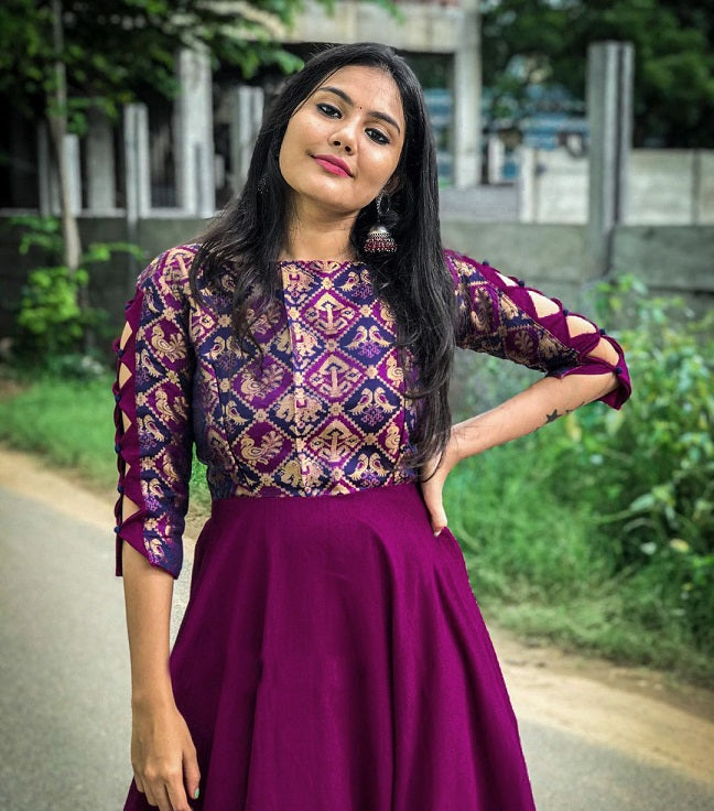 Wine Colour Rangoli Weaving Work Gown