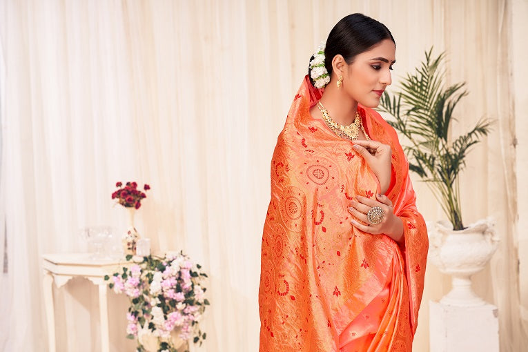 Peach Festive Wear Woven Banarasi Silk Saree