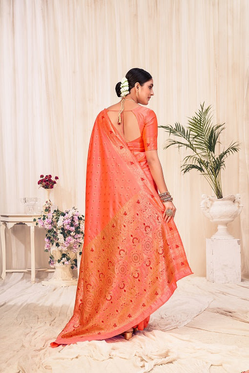 Peach Festive Wear Woven Banarasi Silk Saree
