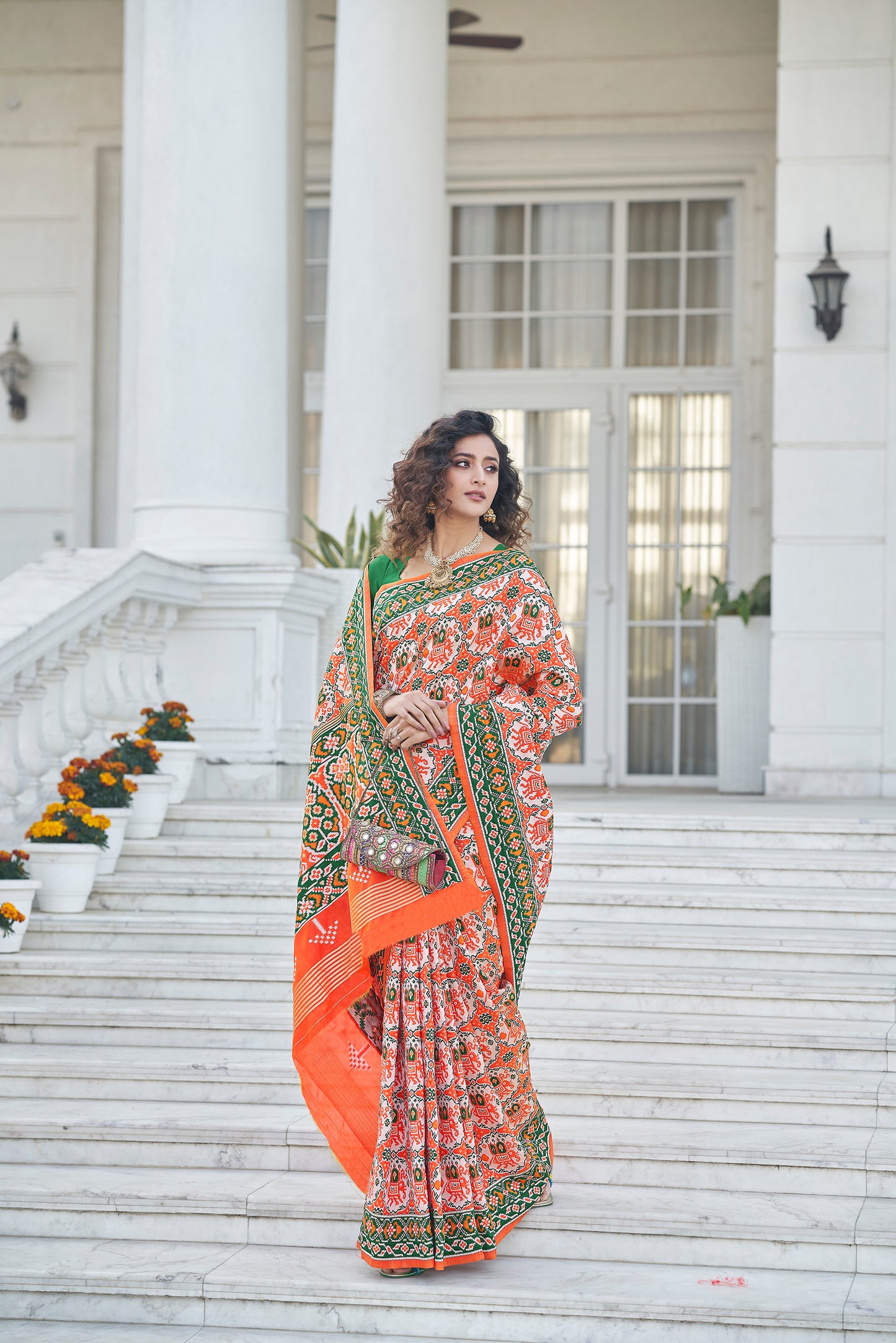 Orange Color Patola Designer Zari Work Party Wear Saree