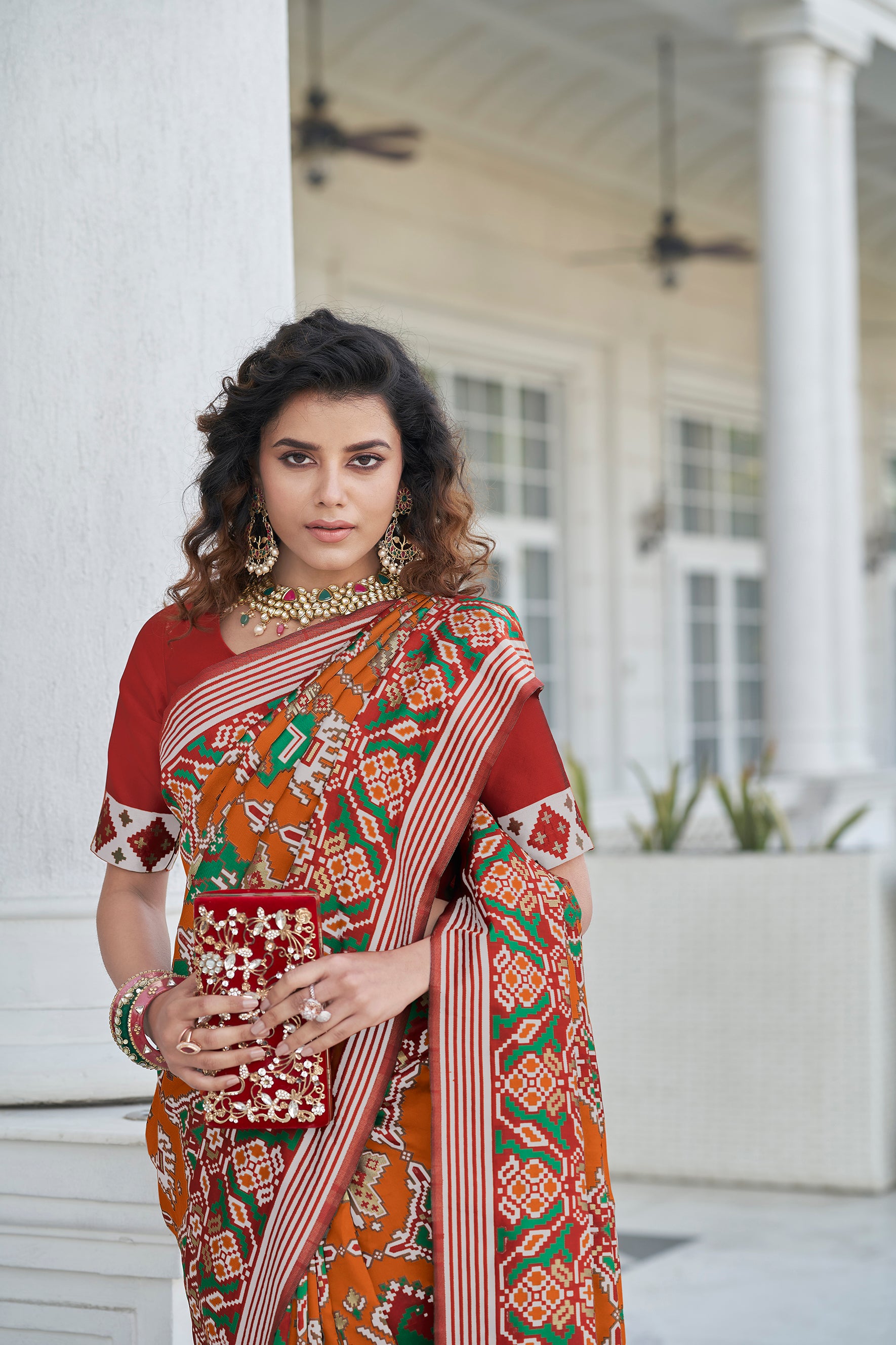 Orange Color Beautiful Zari Patola Weaving Work Stylish Saree