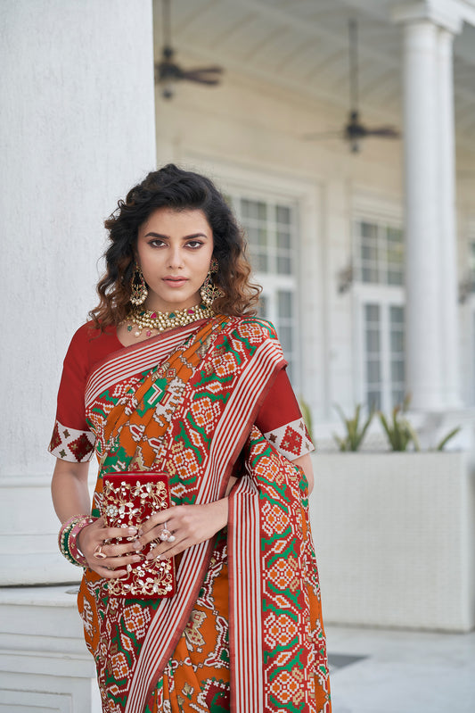 Orange Color Beautiful Zari Patola Weaving Work Stylish Saree