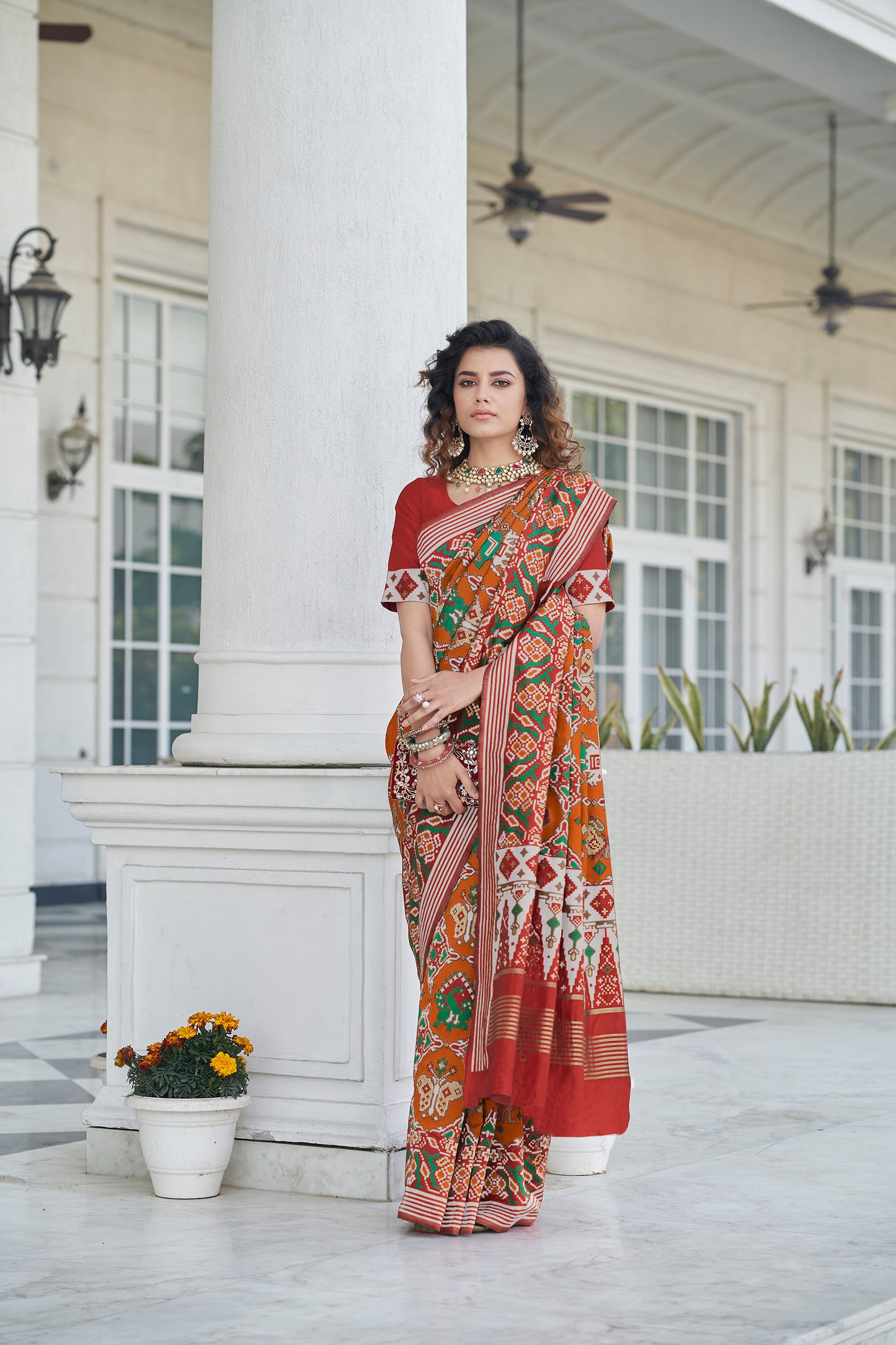 Orange Color Beautiful Zari Patola Weaving Work Stylish Saree