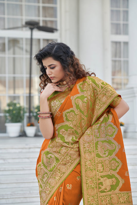 Orange Soft Banarasi With Zari Weaving Silk Saree