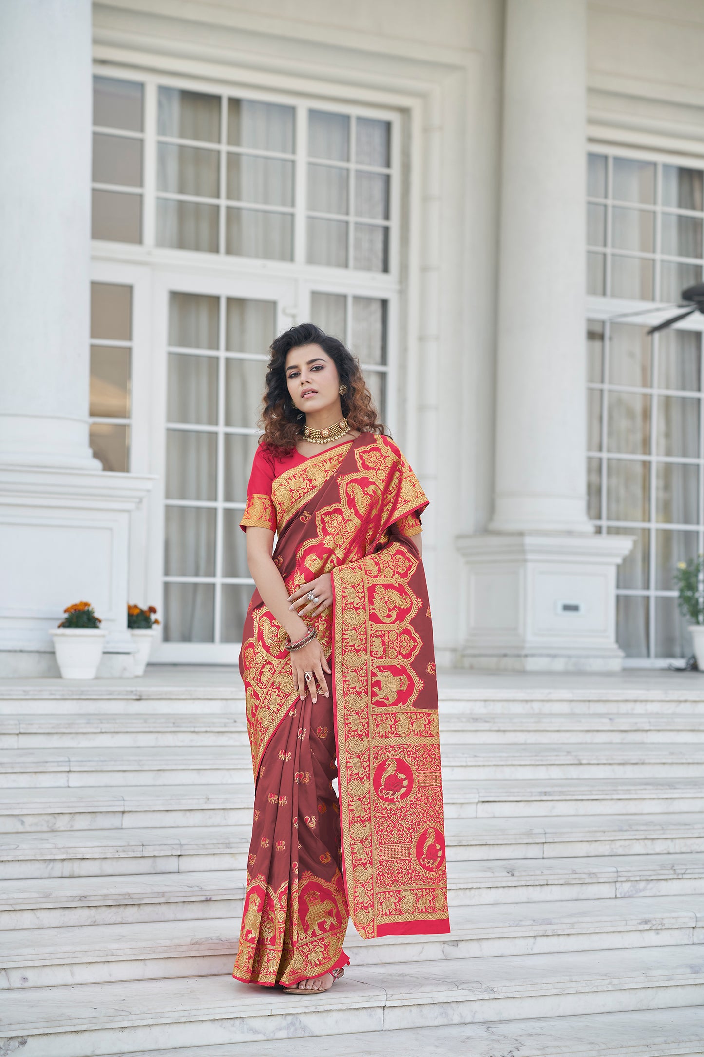 Brown Soft Banarasi With Zari Weaving Silk Saree